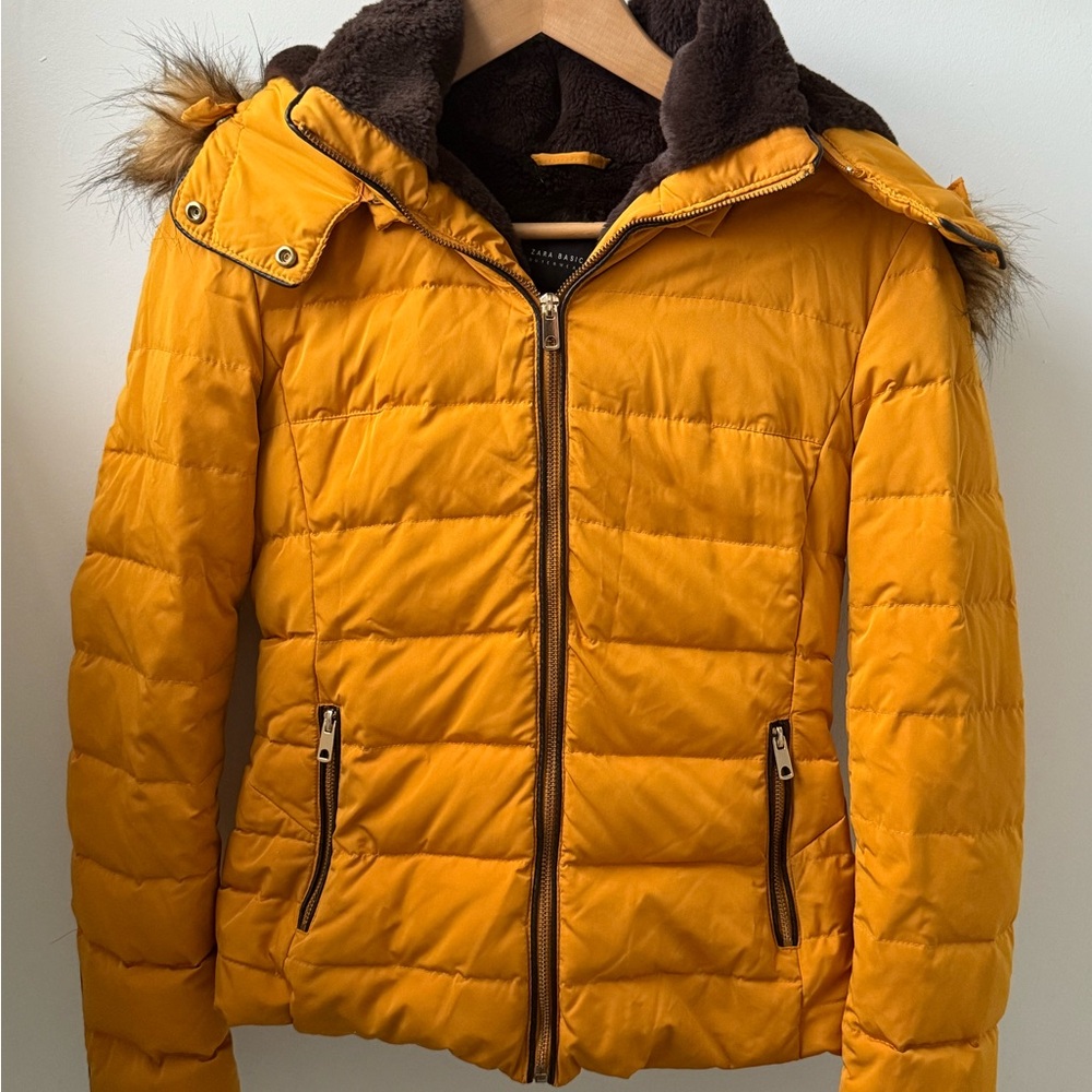 Zara Yellow Puffer Jacket with Fur Hood